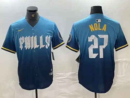 Philadelphia Phillies #27 Aaron Nola 2024 City Connect Blue Jersey